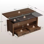 Table basse relevable Coolmee 40, table basse convertible multifonctionnelle avec tiroirs et compartiment caché, se transforme en table à manger