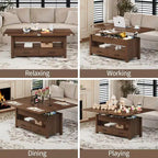 Table basse relevable Coolmee 40, table basse convertible multifonctionnelle avec tiroirs et compartiment caché, se transforme en table à manger