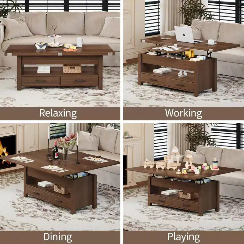Table basse relevable Coolmee 40, table basse convertible multifonctionnelle avec tiroirs et compartiment caché, se transforme en table à manger