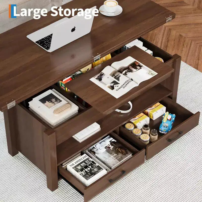 Table basse relevable Coolmee 40, table basse convertible multifonctionnelle avec tiroirs et compartiment caché, se transforme en table à manger
