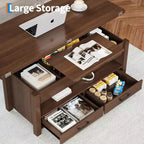Table basse relevable Coolmee 40, table basse convertible multifonctionnelle avec tiroirs et compartiment caché, se transforme en table à manger