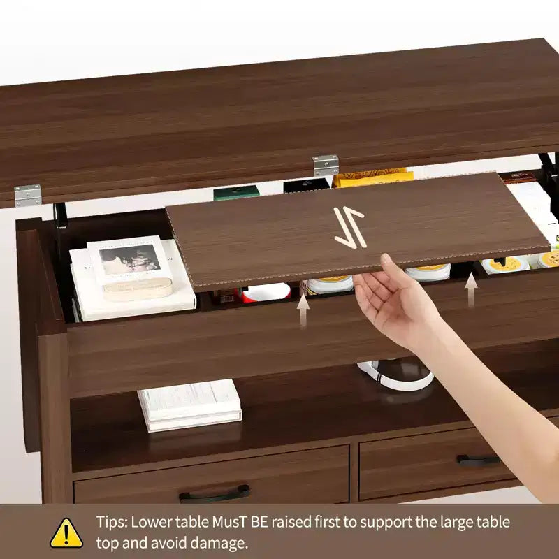 Table basse relevable Coolmee 40, table basse convertible multifonctionnelle avec tiroirs et compartiment caché, se transforme en table à manger