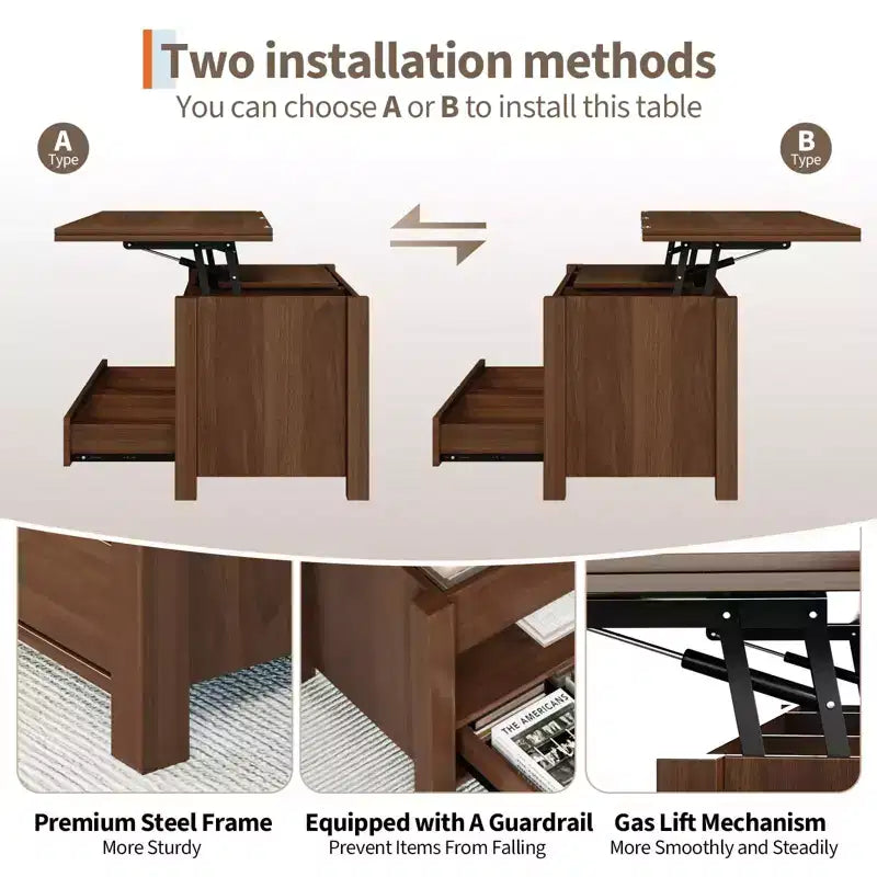 Table basse relevable Coolmee 40, table basse convertible multifonctionnelle avec tiroirs et compartiment caché, se transforme en table à manger