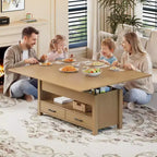 Table basse relevable Coolmee 40, table basse convertible multifonctionnelle avec tiroirs et compartiment caché, se transforme en table à manger