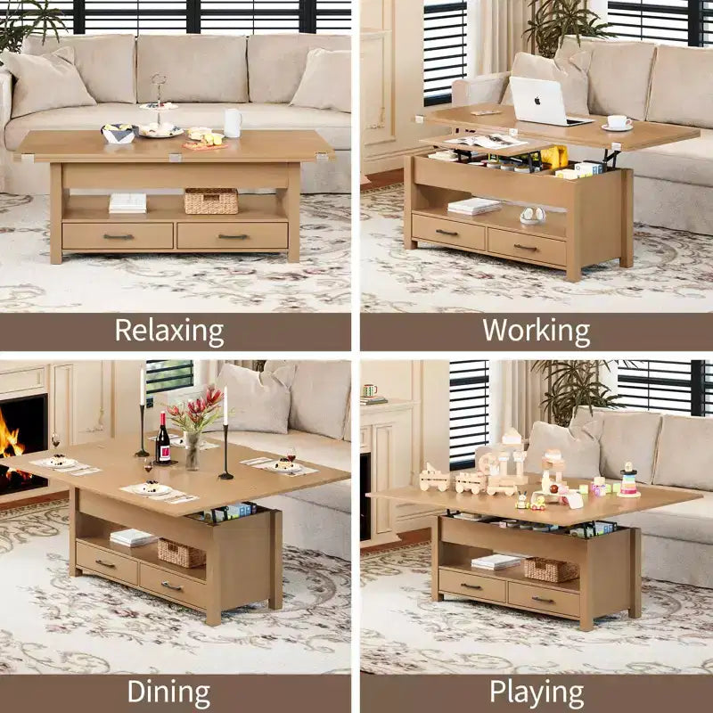 Table basse relevable Coolmee 40, table basse convertible multifonctionnelle avec tiroirs et compartiment caché, se transforme en table à manger