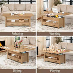 Table basse relevable Coolmee 40, table basse convertible multifonctionnelle avec tiroirs et compartiment caché, se transforme en table à manger