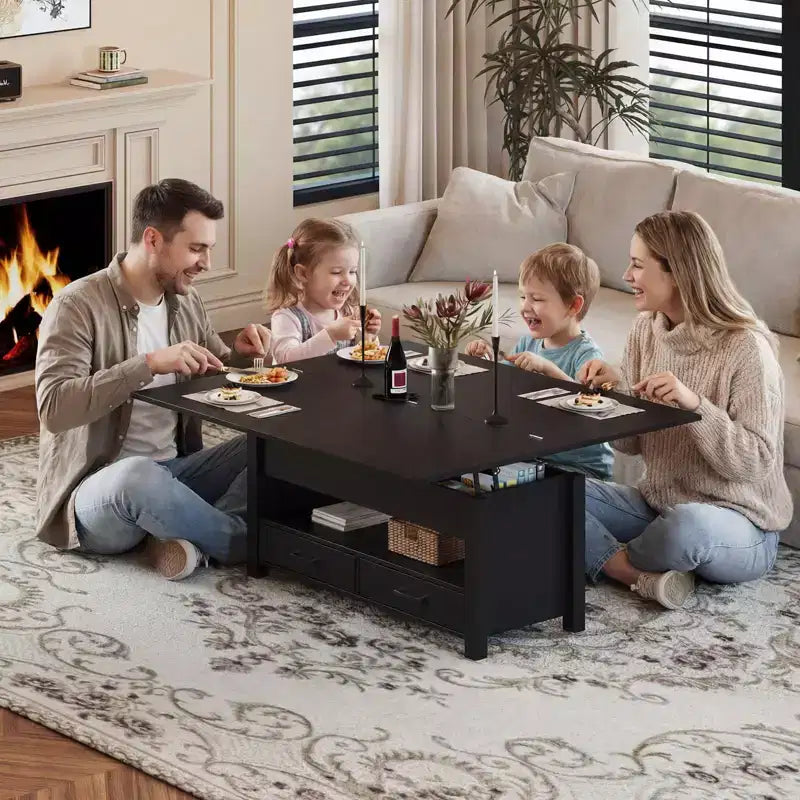 Table basse relevable Coolmee 40, table basse convertible multifonctionnelle avec tiroirs et compartiment caché, se transforme en table à manger