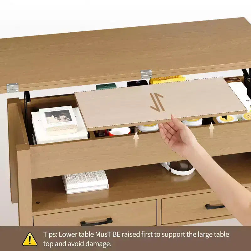 Table basse relevable Coolmee 40, table basse convertible multifonctionnelle avec tiroirs et compartiment caché, se transforme en table à manger