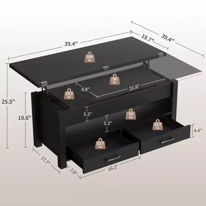 Table basse relevable Coolmee 40, table basse convertible multifonctionnelle avec tiroirs et compartiment caché, se transforme en table à manger