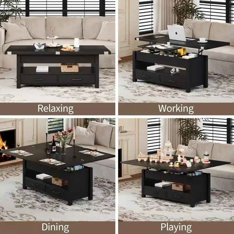 Table basse relevable Coolmee 40, table basse convertible multifonctionnelle avec tiroirs et compartiment caché, se transforme en table à manger