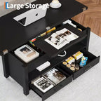 Table basse relevable Coolmee 40, table basse convertible multifonctionnelle avec tiroirs et compartiment caché, se transforme en table à manger