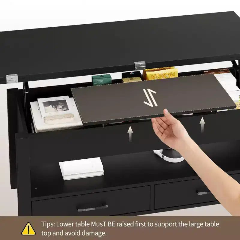 Table basse relevable Coolmee 40, table basse convertible multifonctionnelle avec tiroirs et compartiment caché, se transforme en table à manger