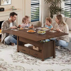 Table basse relevable Coolmee 40, table basse convertible multifonctionnelle avec tiroirs et compartiment caché, se transforme en table à manger