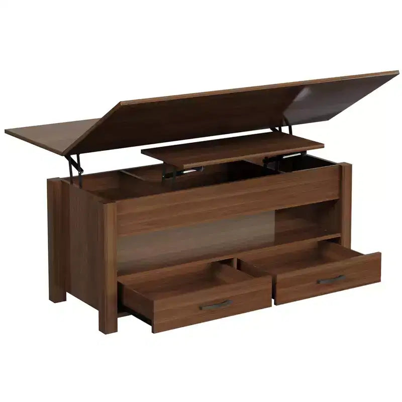 Table basse relevable Coolmee 40, table basse convertible multifonctionnelle avec tiroirs et compartiment caché, se transforme en table à manger