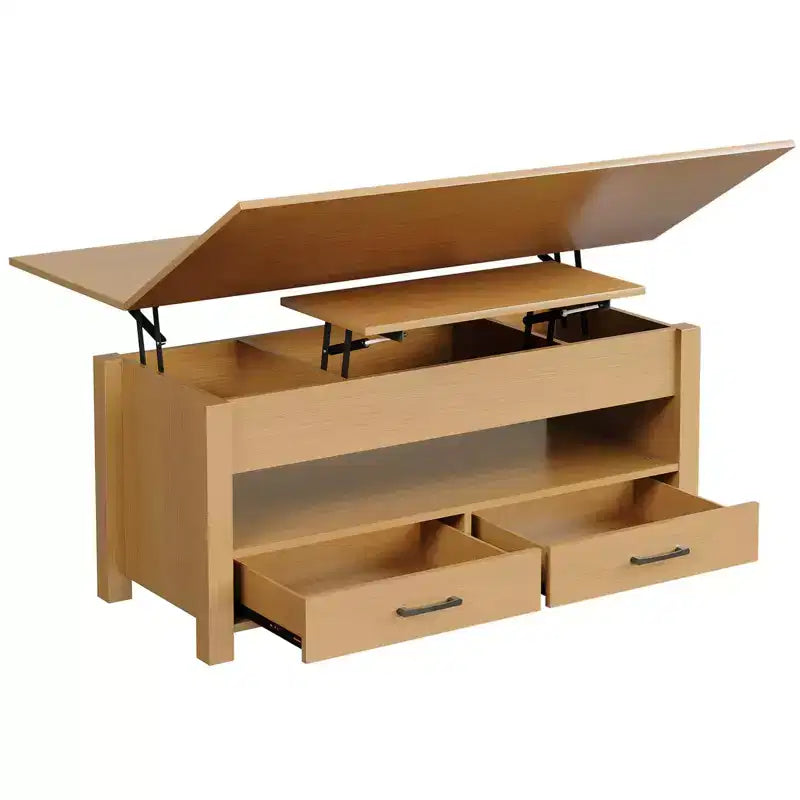 Table basse relevable Coolmee 40, table basse convertible multifonctionnelle avec tiroirs et compartiment caché, se transforme en table à manger