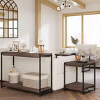 Console de table de ferme à 2 niveaux avec étagères à lattes en bois, table de canapé d'entrée à cadre en métal rustique pour salon, couloir, foyer