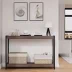 Console de table de ferme à 2 niveaux avec étagères à lattes en bois, table de canapé d'entrée à cadre en métal rustique pour salon, couloir, foyer