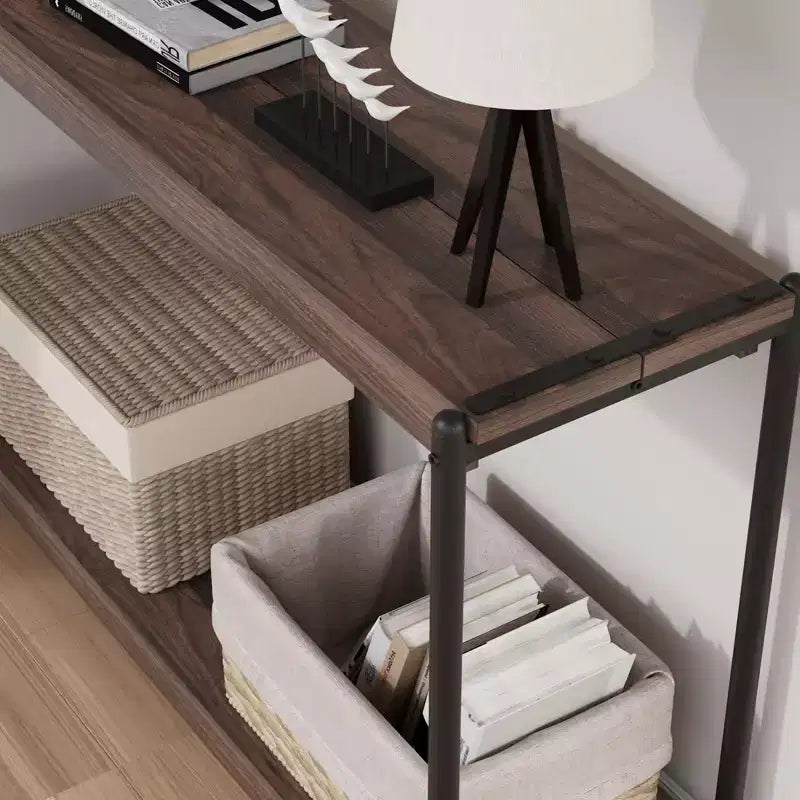 Console de table de ferme à 2 niveaux avec étagères à lattes en bois, table de canapé d'entrée à cadre en métal rustique pour salon, couloir, foyer