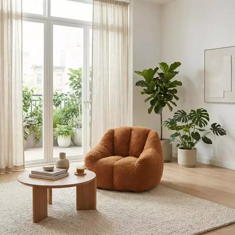 Fauteuil de relaxation FurnitureR en tissu doux Teddy, fauteuil d'appoint moelleux de forme arrondie pour salon, chambre ou coin lecture