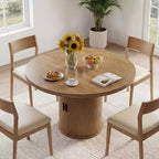 Table à manger ronde Dyonery de 90 cm en bois, Table à manger de cuisine rainurée, Table à manger ronde avec base de rangement, Ronde