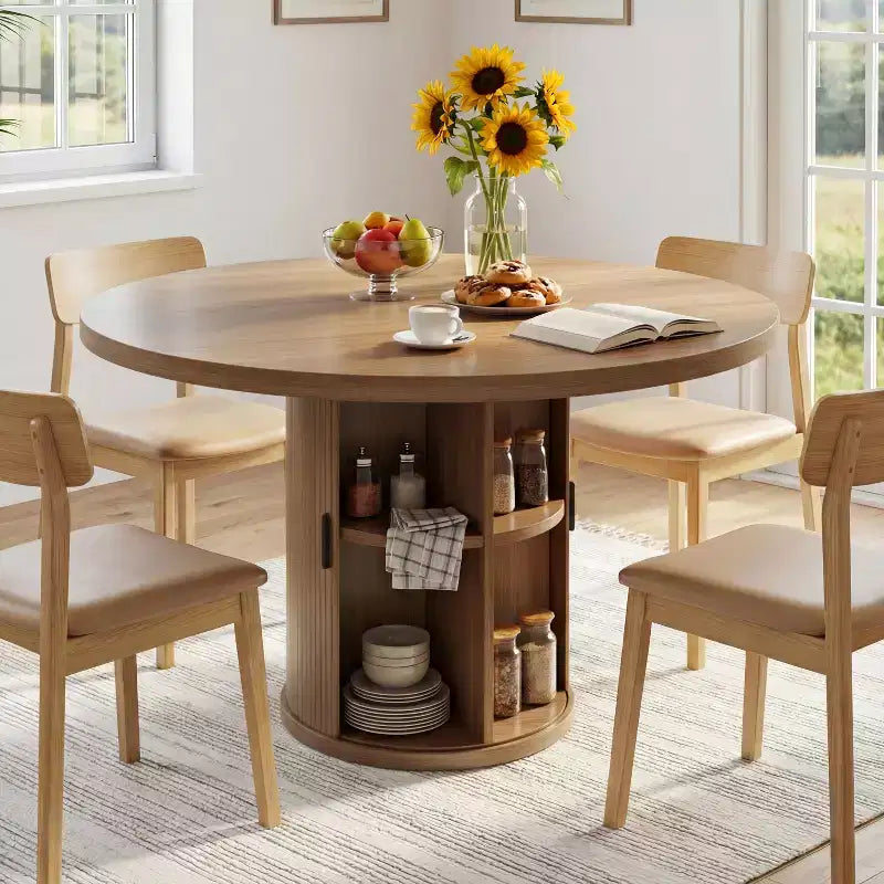 Table à manger ronde Dyonery de 90 cm en bois, Table à manger de cuisine rainurée, Table à manger ronde avec base de rangement, Ronde