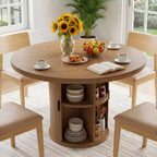 Table à manger ronde Dyonery de 90 cm en bois, Table à manger de cuisine rainurée, Table à manger ronde avec base de rangement, Ronde