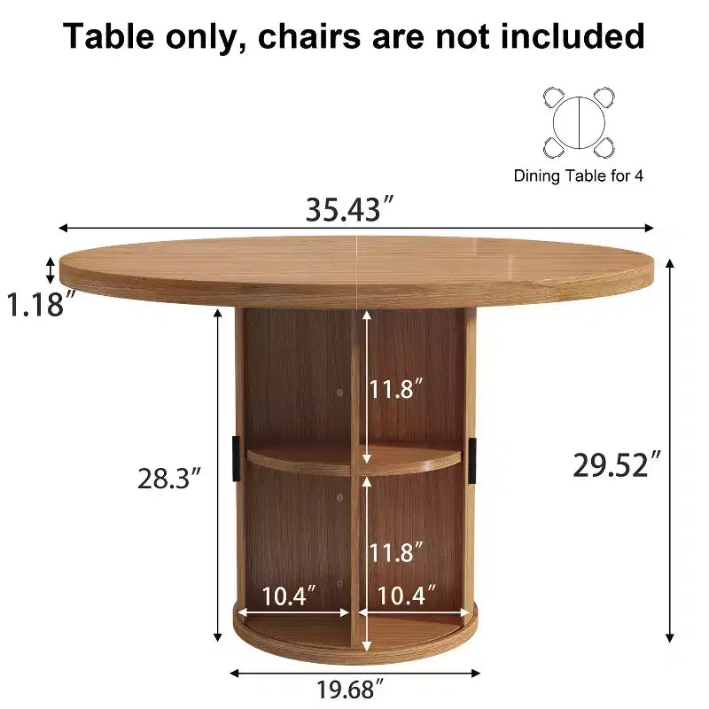 Table à manger ronde Dyonery de 90 cm en bois, Table à manger de cuisine rainurée, Table à manger ronde avec base de rangement, Ronde