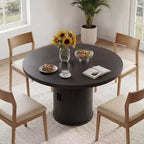 Table à manger ronde Dyonery de 90 cm en bois, Table à manger de cuisine rainurée, Table à manger ronde avec base de rangement, Ronde