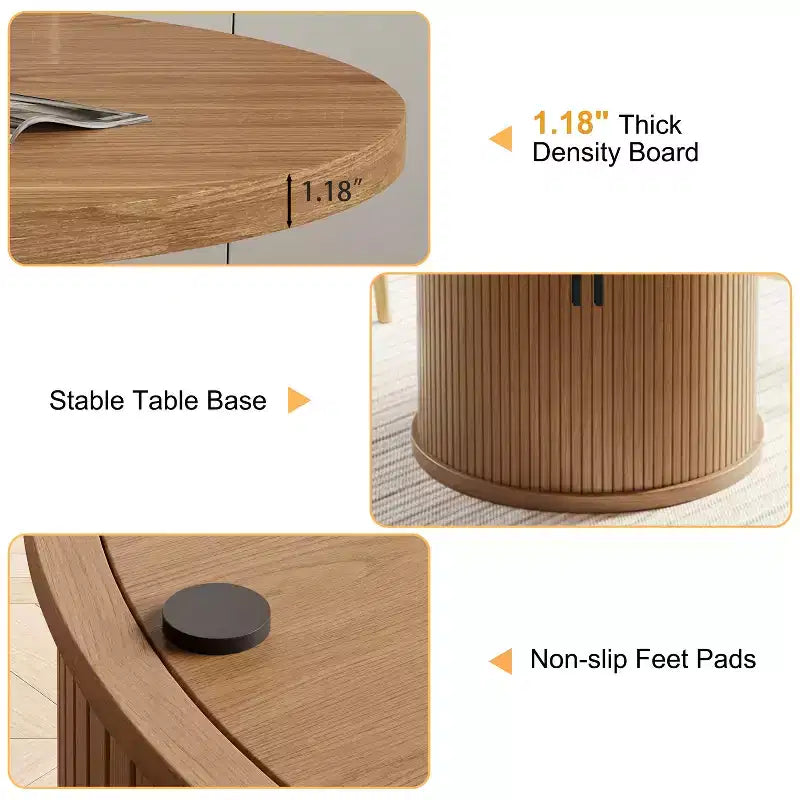 Table à manger ronde Dyonery de 90 cm en bois, Table à manger de cuisine rainurée, Table à manger ronde avec base de rangement, Ronde