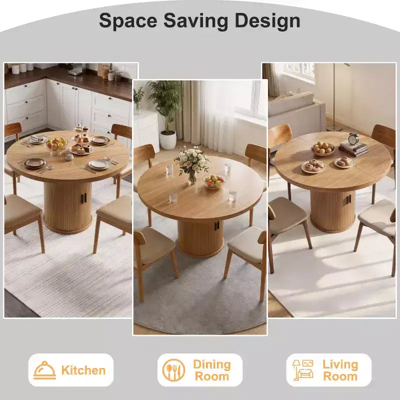 Table à manger ronde Dyonery de 90 cm en bois, Table à manger de cuisine rainurée, Table à manger ronde avec base de rangement, Ronde