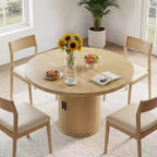 Table à manger ronde Dyonery de 90 cm en bois, Table à manger de cuisine rainurée, Table à manger ronde avec base de rangement, Ronde