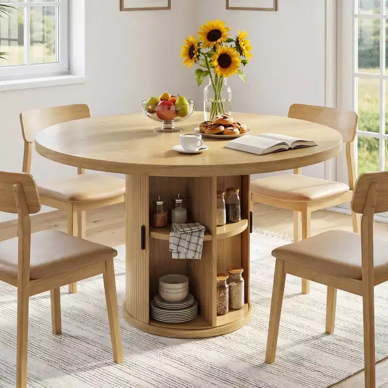 Table à manger ronde Dyonery de 90 cm en bois, Table à manger de cuisine rainurée, Table à manger ronde avec base de rangement, Ronde
