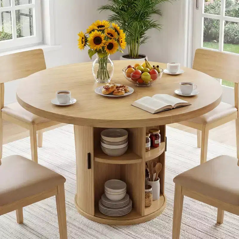 Table à manger ronde Dyonery de 90 cm en bois, Table à manger de cuisine rainurée, Table à manger ronde avec base de rangement, Ronde