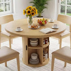 Table à manger ronde Dyonery de 90 cm en bois, Table à manger de cuisine rainurée, Table à manger ronde avec base de rangement, Ronde