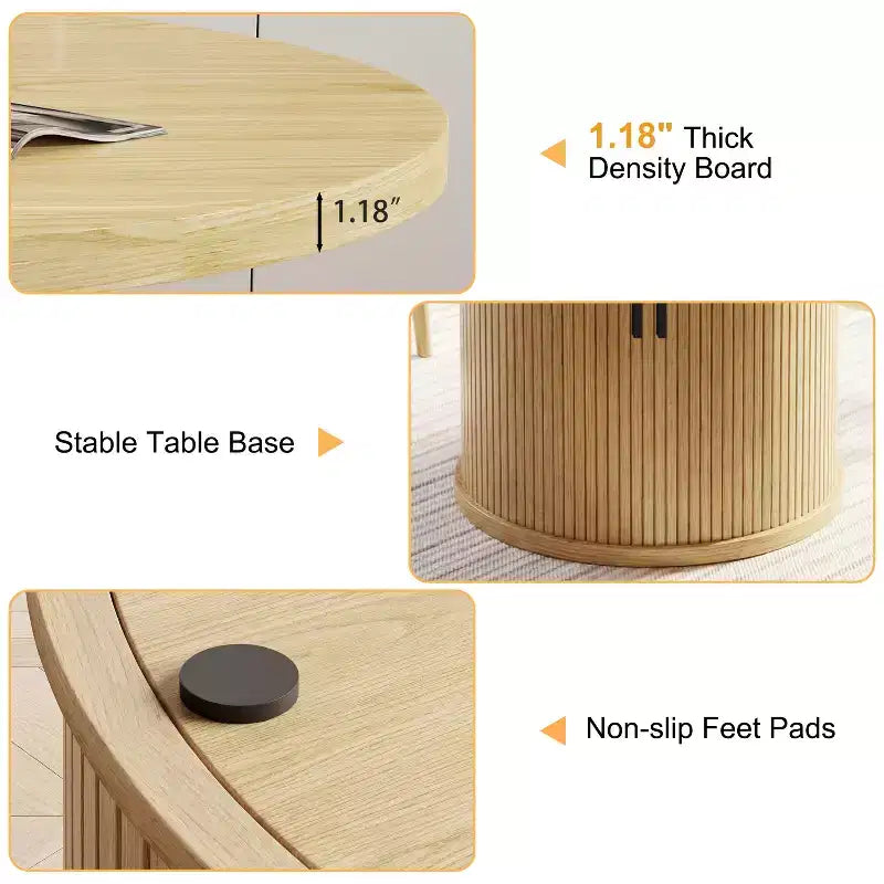 Table à manger ronde Dyonery de 90 cm en bois, Table à manger de cuisine rainurée, Table à manger ronde avec base de rangement, Ronde