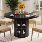 Table à manger ronde Dyonery de 90 cm en bois, Table à manger de cuisine rainurée, Table à manger ronde avec base de rangement, Ronde