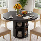 Table à manger ronde Dyonery de 90 cm en bois, Table à manger de cuisine rainurée, Table à manger ronde avec base de rangement, Ronde
