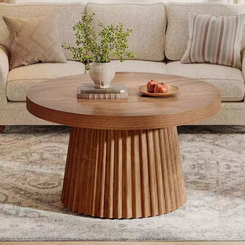 Lantine 31,5 – Petites tables basses rondes avec base en tambour cannelé, table d'appoint de style ferme pour salon, appartement, petits espaces