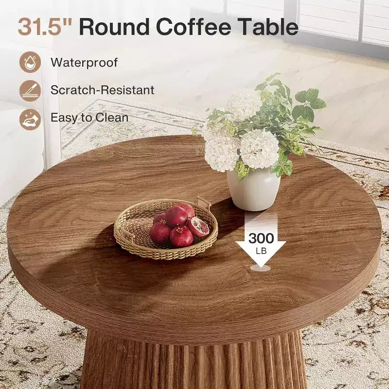 Lantine 31,5 – Petites tables basses rondes avec base en tambour cannelé, table d'appoint de style ferme pour salon, appartement, petits espaces