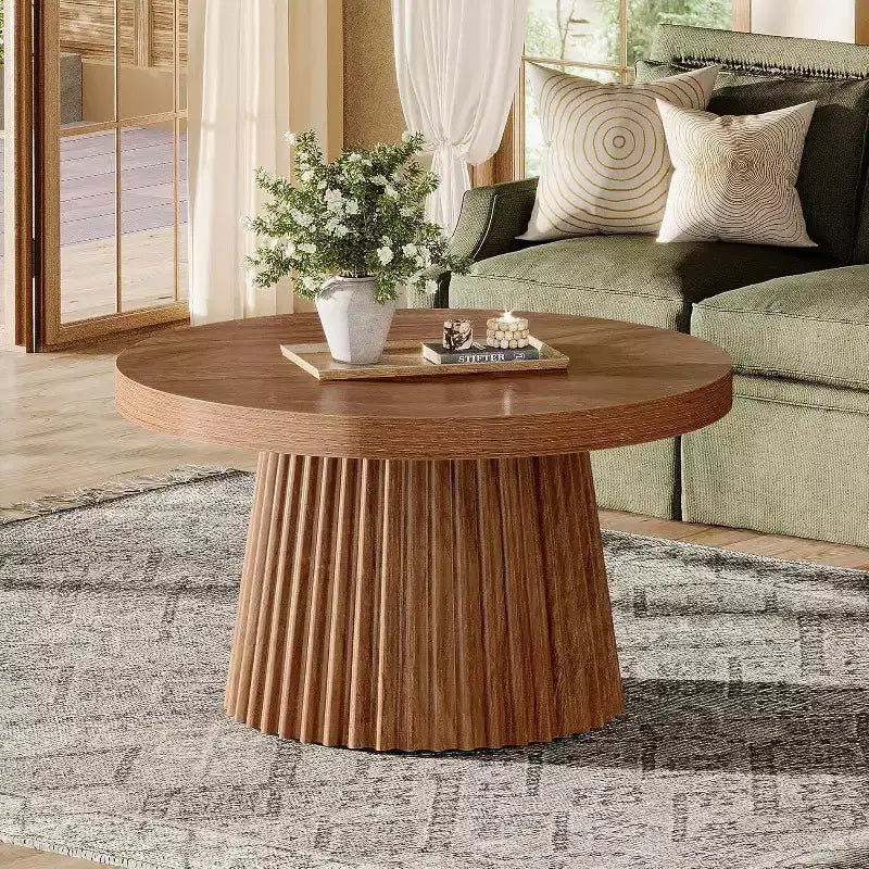 Lantine 31,5 – Petites tables basses rondes avec base en tambour cannelé, table d'appoint de style ferme pour salon, appartement, petits espaces