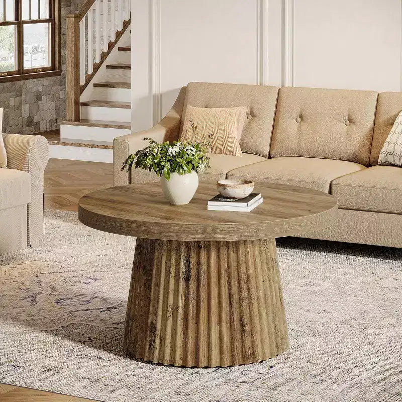 Lantine 31,5 – Petites tables basses rondes avec base en tambour cannelé, table d'appoint de style ferme pour salon, appartement, petits espaces