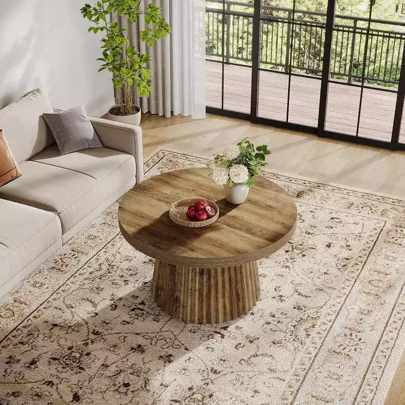 Lantine 31,5 – Petites tables basses rondes avec base en tambour cannelé, table d'appoint de style ferme pour salon, appartement, petits espaces