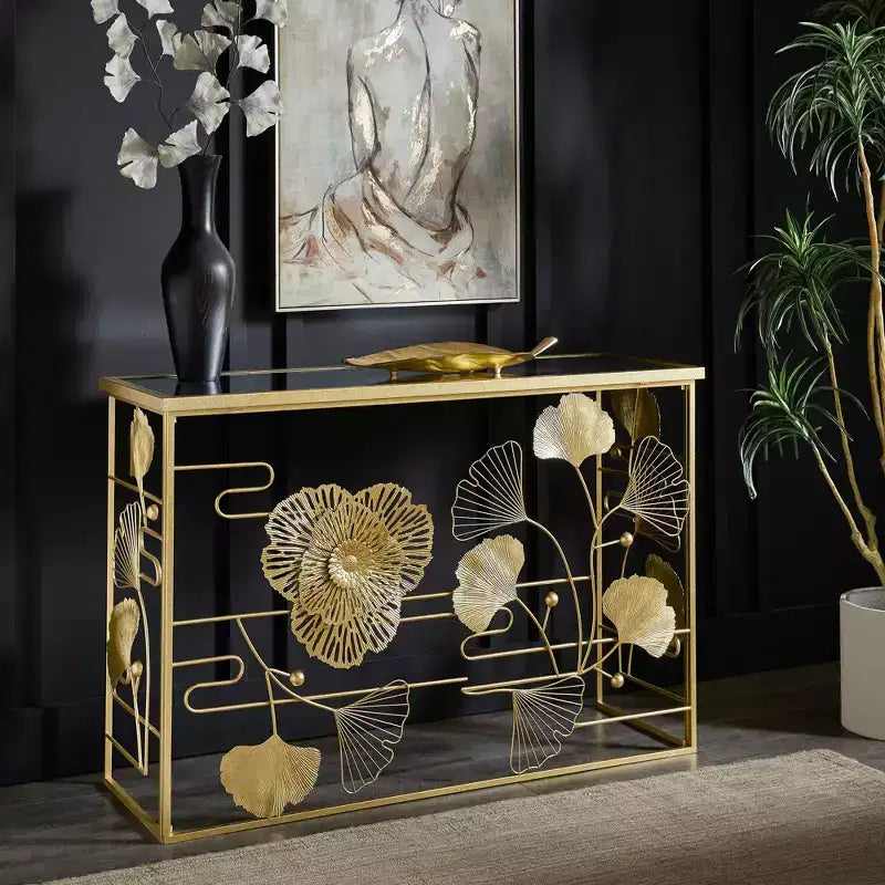 Console et miroir Hunters Gold Finish Peony and Ginkgo - Or/Miroir - iNSPIRE Q