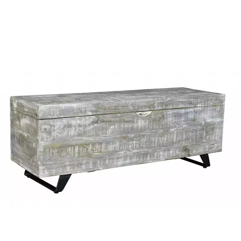 Banc de rangement HomeRoots 46, en bois massif gris et noir vieilli avec couvercle à charnière