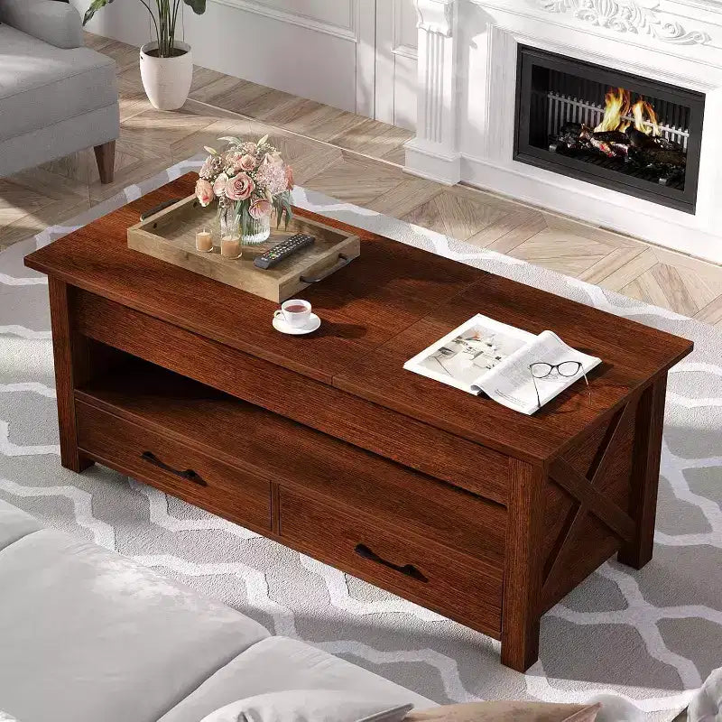 Table basse double de 120 cm de hauteur réglable, marron, avec tiroirs de rangement ; table de canapé réglable en hauteur à deux parties avec étagères cachées.