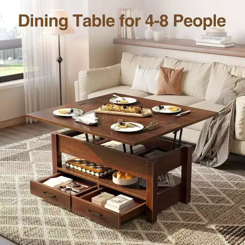 Table basse réglable en hauteur - design modulaire avec tiroirs de rangement et étagères dissimulées pour un gain de place, parfaite pour le salon, noire.