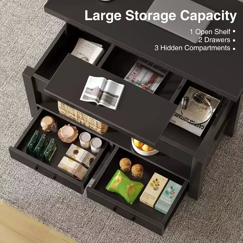 Table basse réglable en hauteur - design modulaire avec tiroirs de rangement et étagères dissimulées pour un gain de place, parfaite pour le salon, noire.