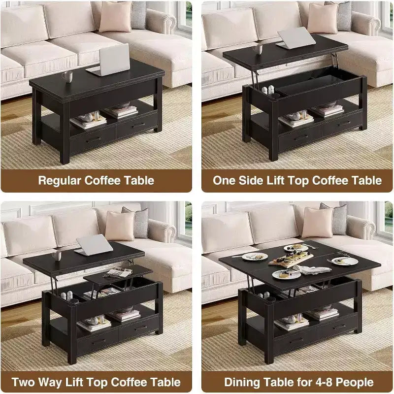 Table basse réglable en hauteur - design modulaire avec tiroirs de rangement et étagères dissimulées pour un gain de place, parfaite pour le salon, noire.