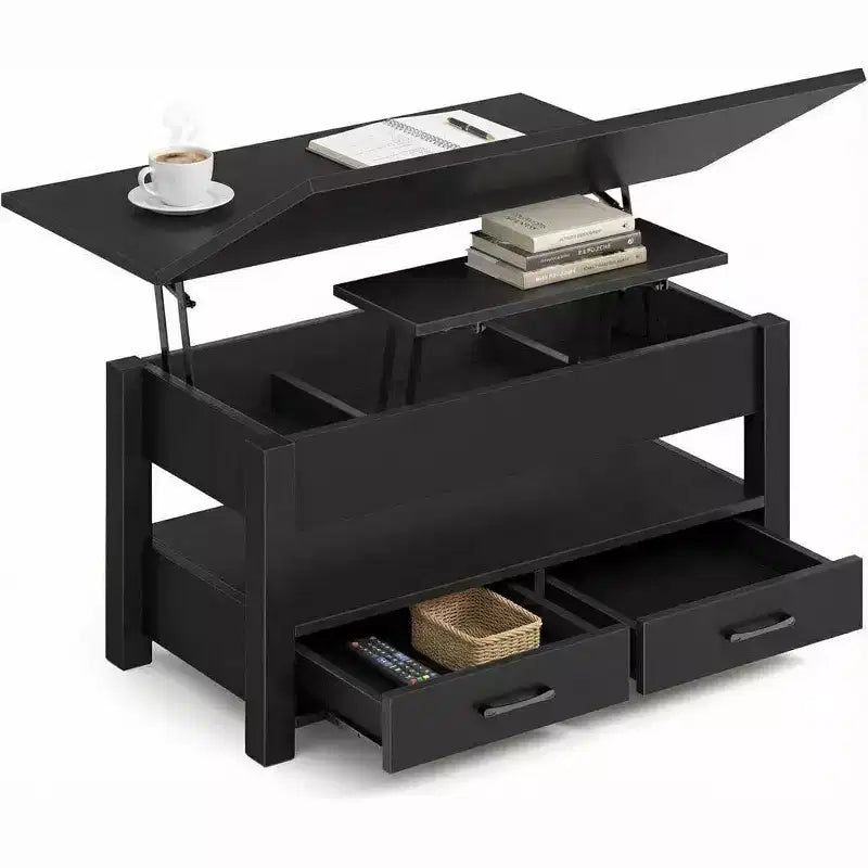 Table basse réglable en hauteur - design modulaire avec tiroirs de rangement et étagères dissimulées pour un gain de place, parfaite pour le salon, noire.