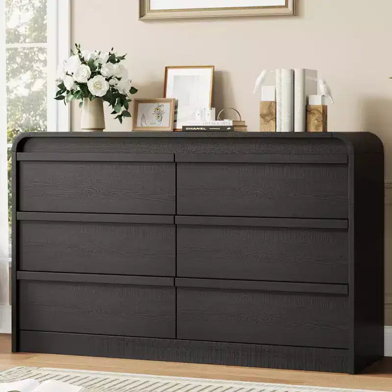 Commode de table à manger moderne à 6 tiroirs en arche - Commode en bois noir de 120 cm de large - Design à bords incurvés - Grand espace de rangement pour salle à manger, chambre, salon